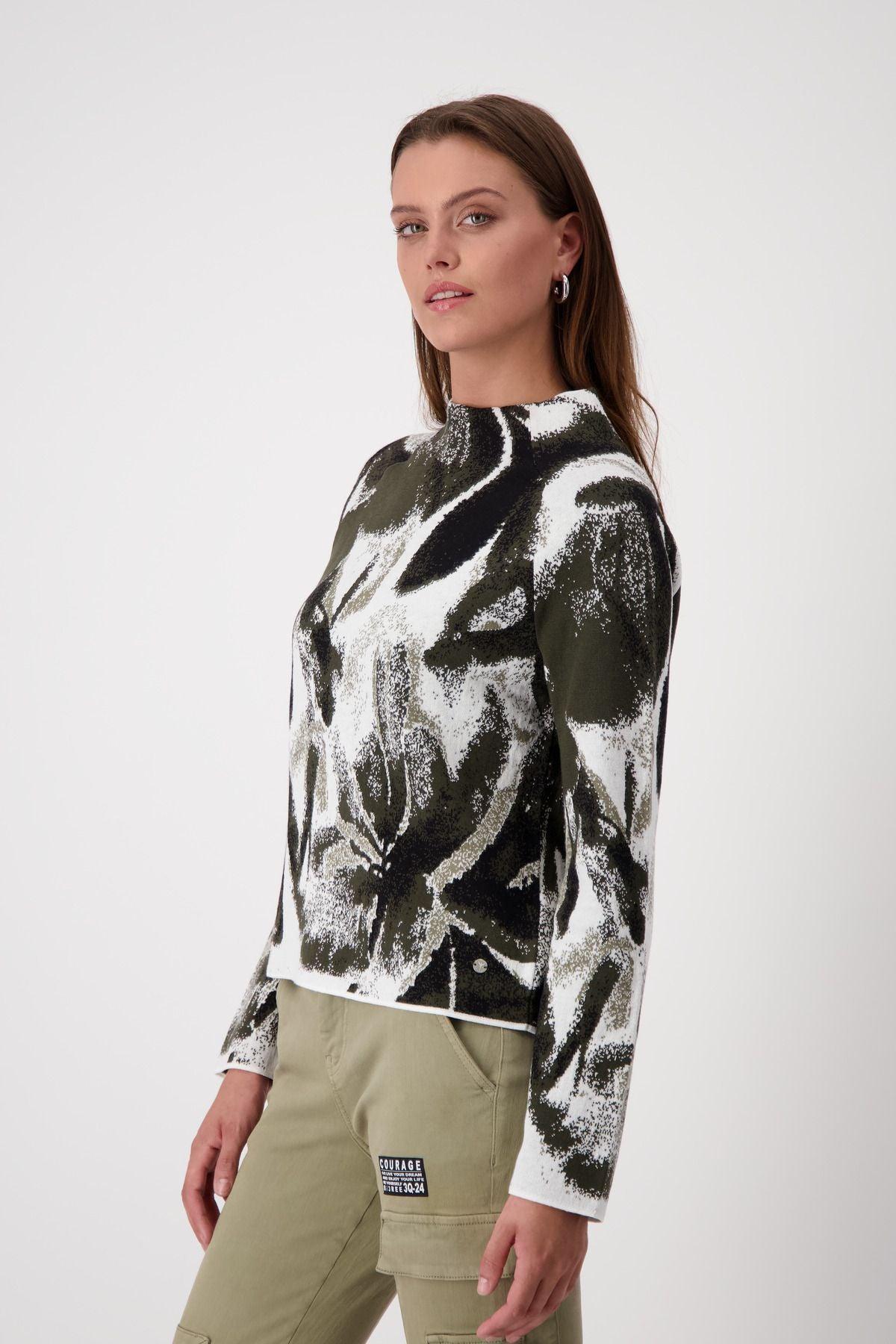Monari Damen Strickpullover mit Blumenmuster grün