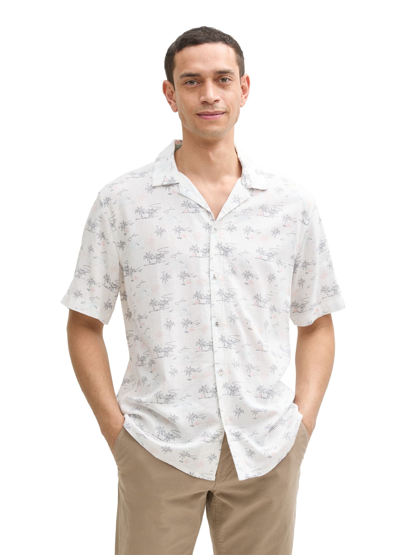 Tom Tailor Herren Regular Fit Kurzarmhemd mit Leinenanteil weiß