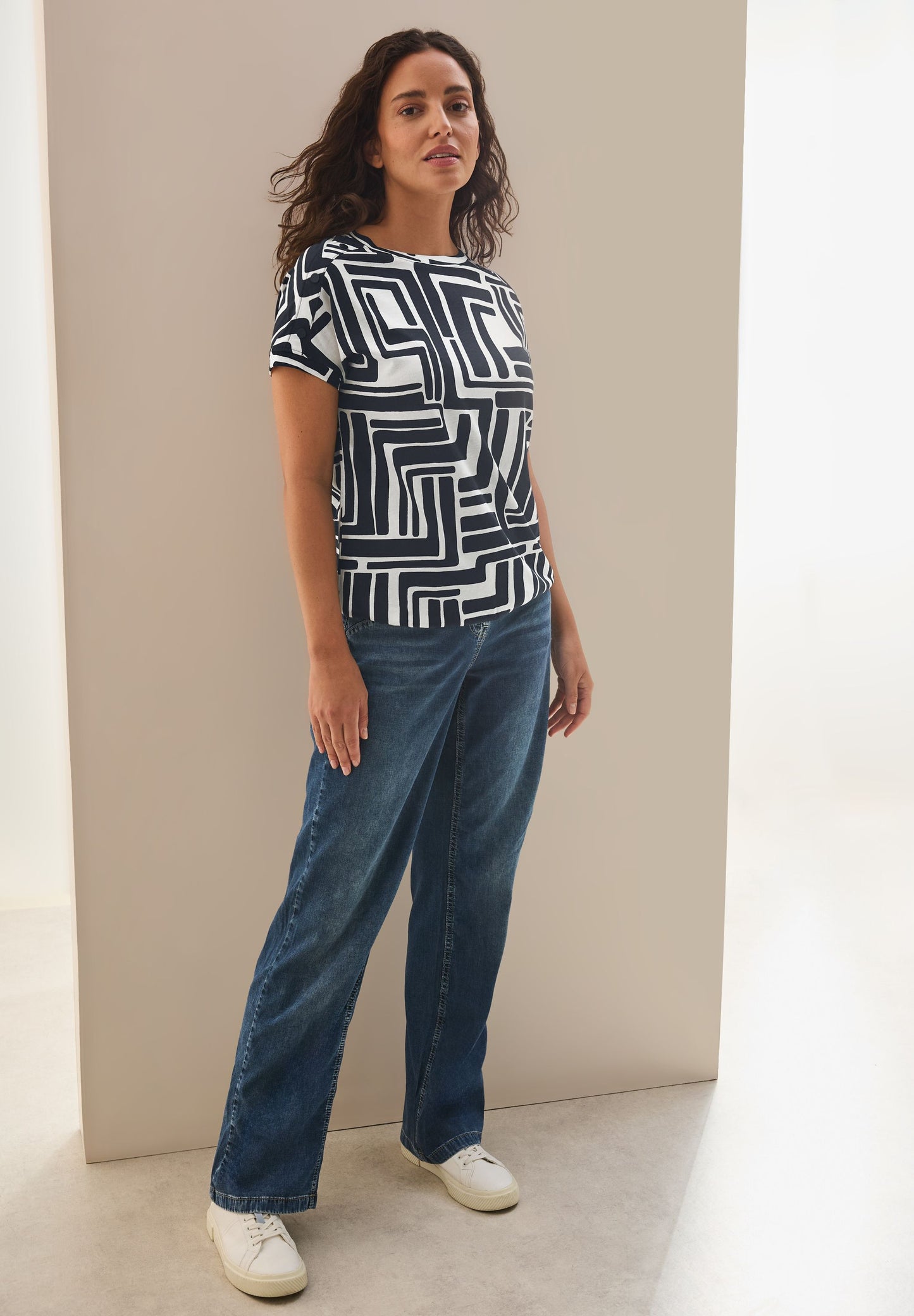 Cecil Damen Print-Shirt mit Knopfdetail blau