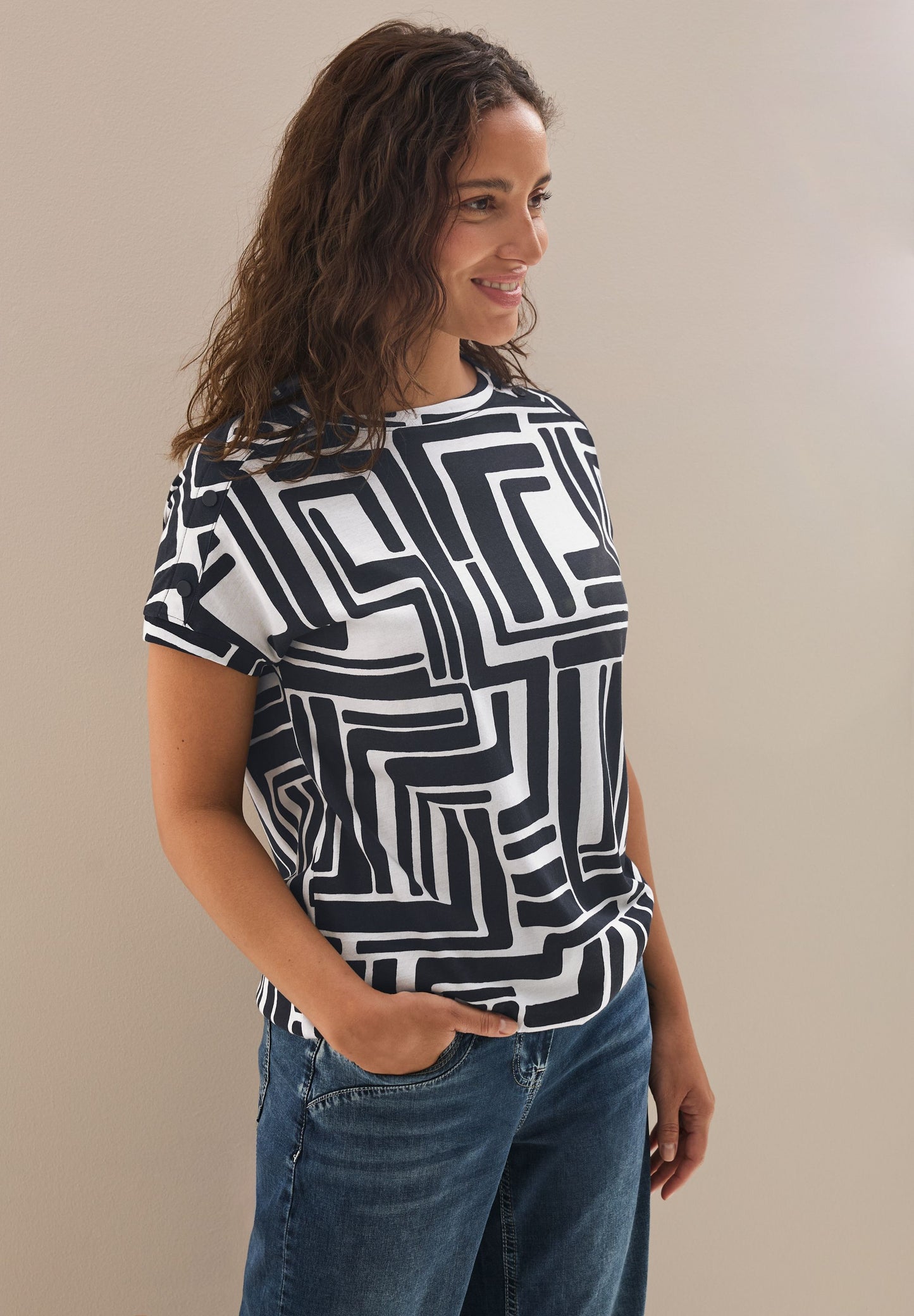 Cecil Damen Print-Shirt mit Knopfdetail blau