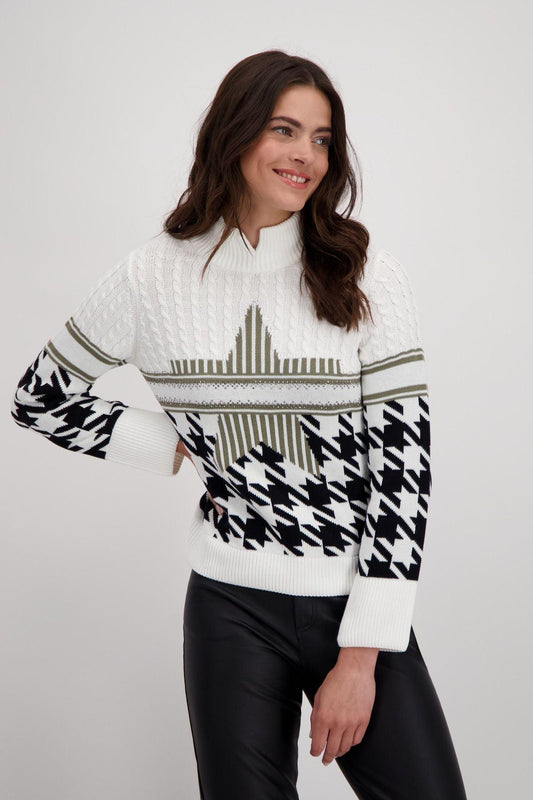 Monari Damen Pullover mit Hahnentrittmuster in Weiß - Jaacks Fashion