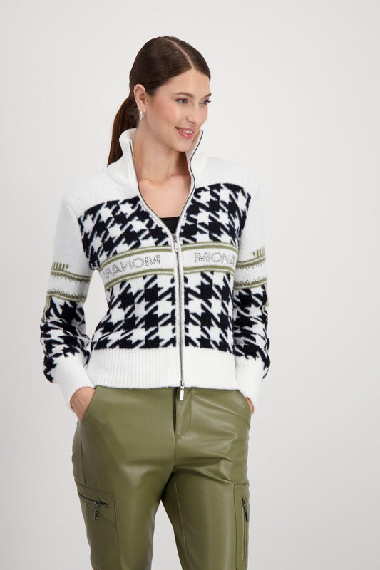 Monari Damen Strikjacke mit Hahnentrittmuster inweiß - Jaacks Fashion