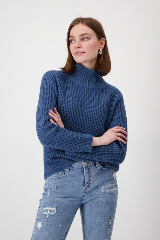 Monari Damen Strickpullover mit Stehkragen blau