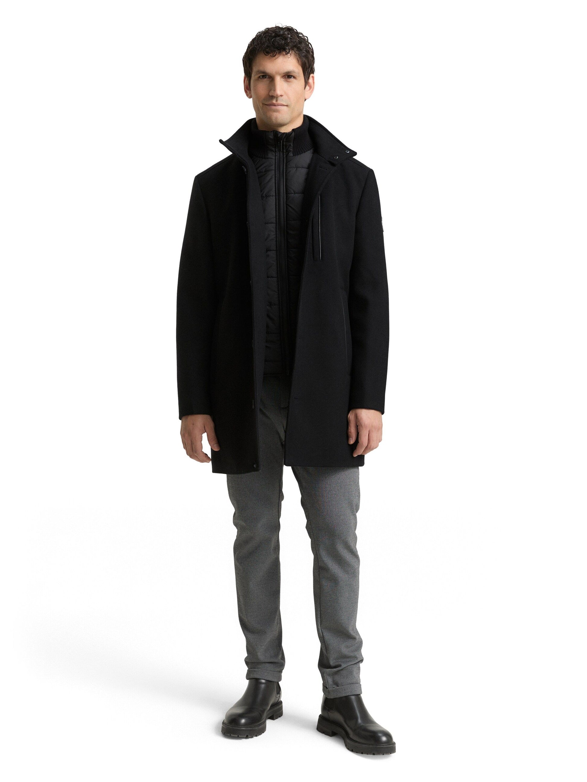 Tom Tailor Herren 2-in-1 Wollmantel schwarz