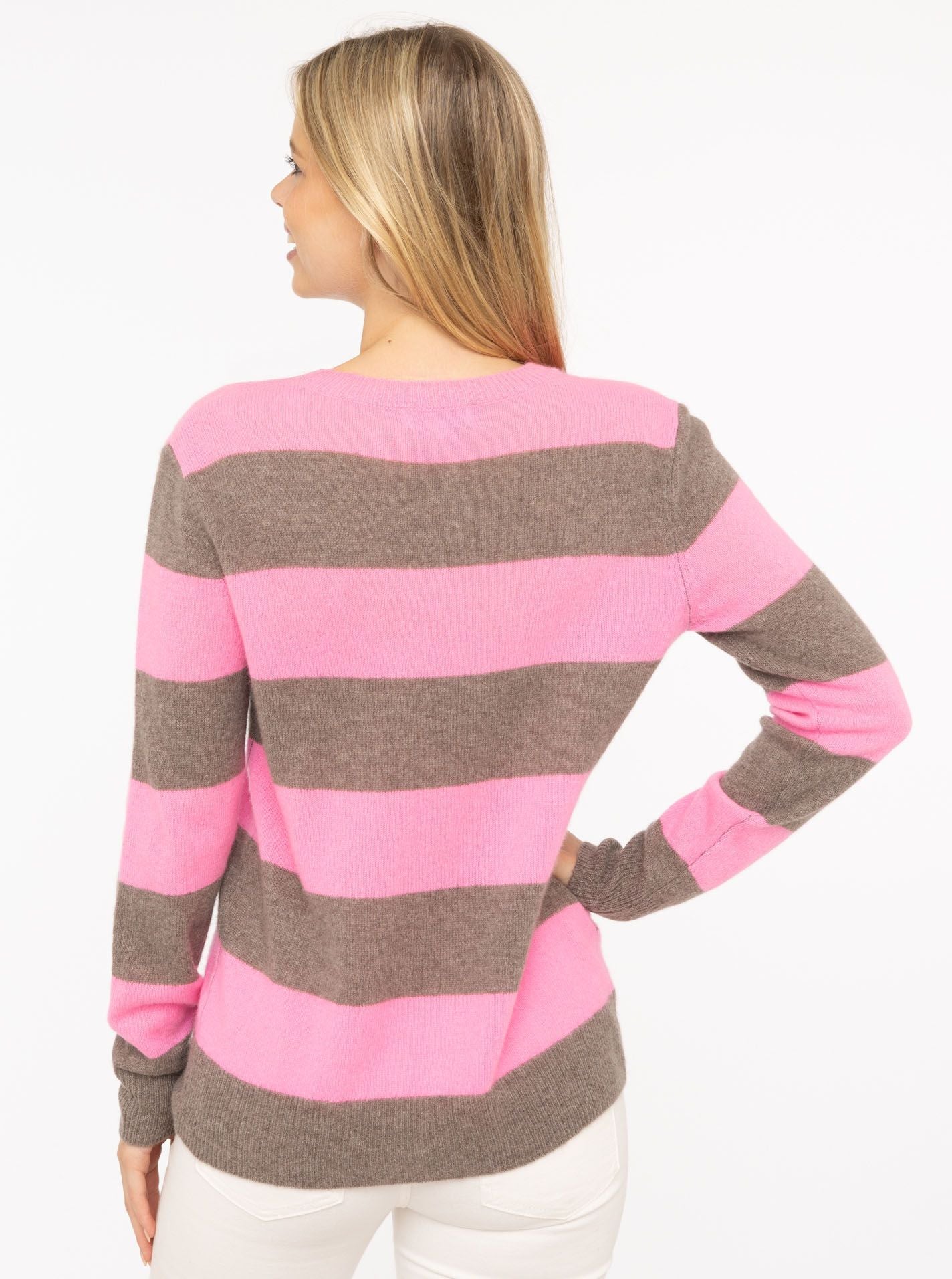 Zwillingsherz Damen 100% Cashmere Pullover "Blockstreifen" rosa
