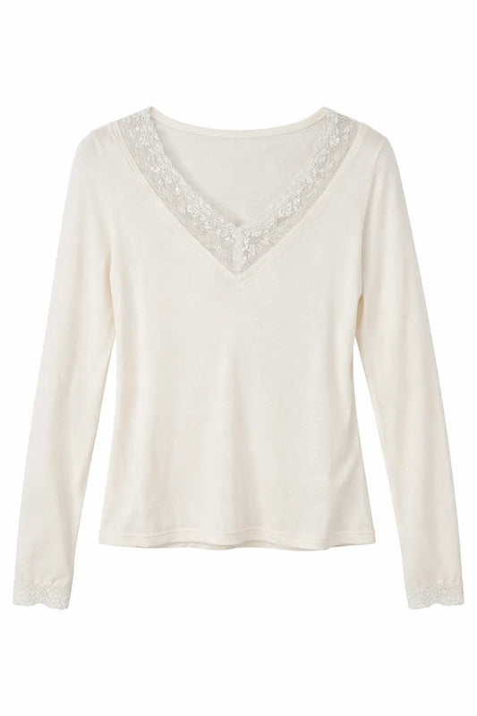 Larahutt Damen Longsleeve, V-Ausschnitt m. Spitze