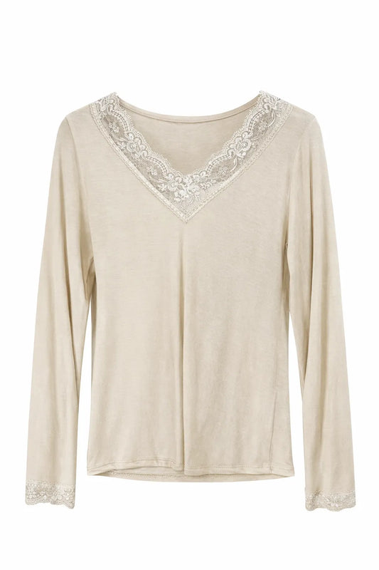 Larahutt Damen Longsleeve, V-Ausschnitt m. Spitze