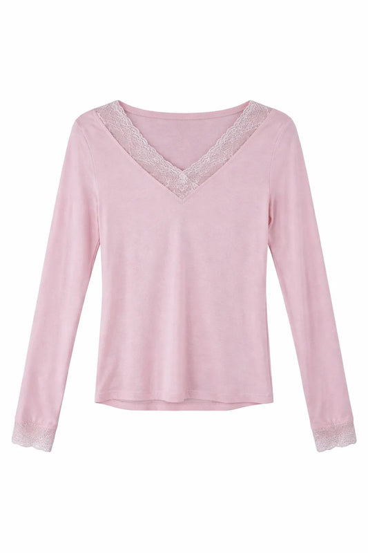 Larahutt Damen Longsleeve, V-Ausschnitt m. Spitze