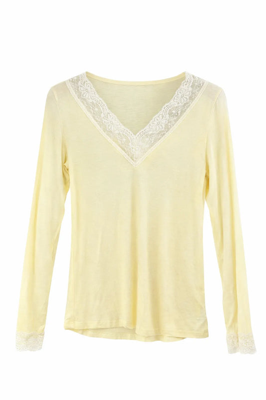 Larahutt Damen Longsleeve, V-Ausschnitt m. Spitze