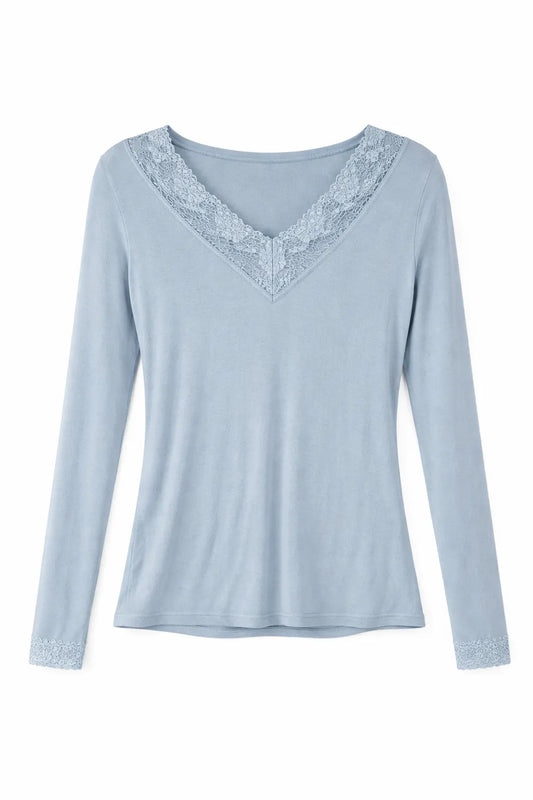 Larahutt Damen Longsleeve, V-Ausschnitt m. Spitze
