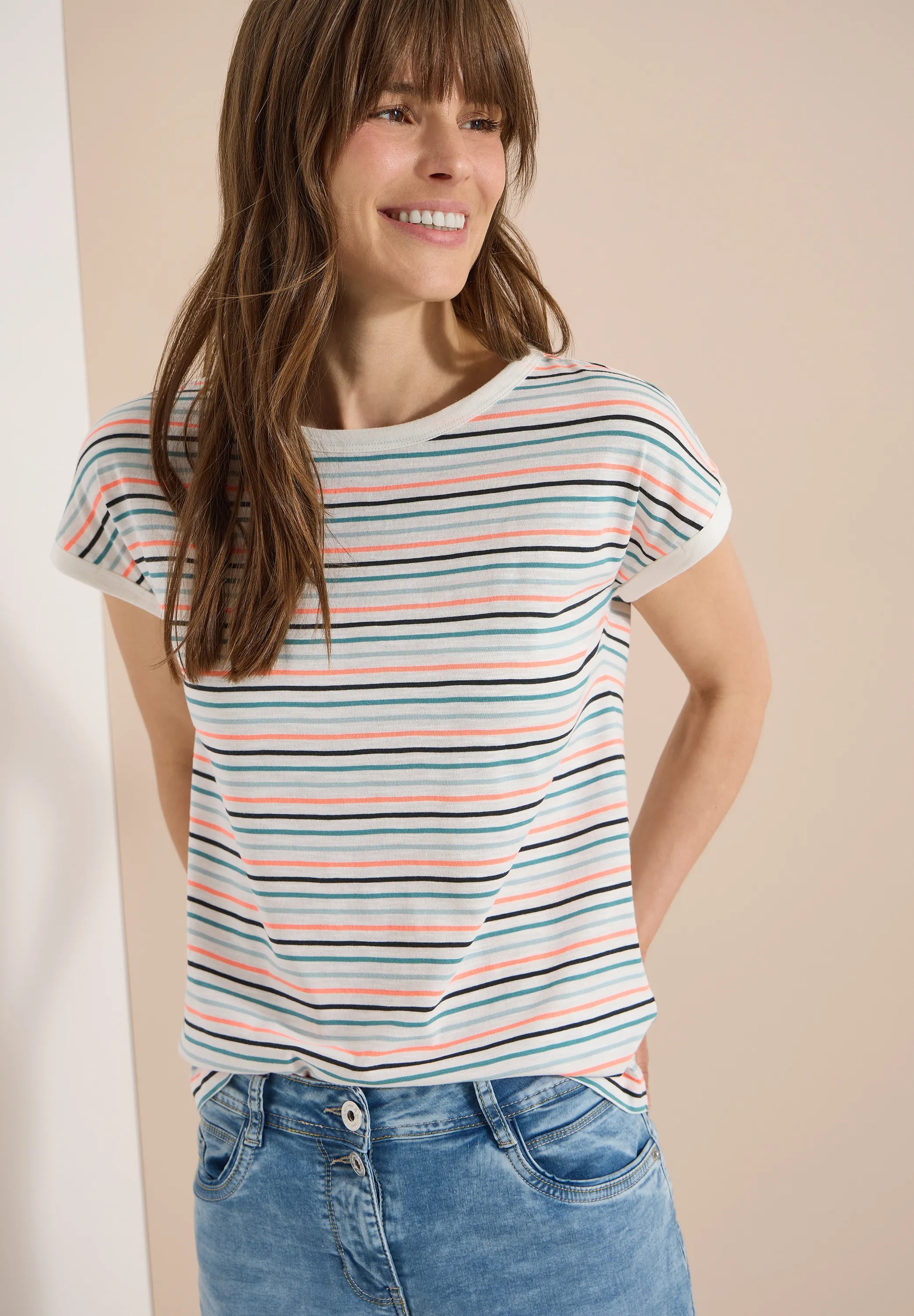 Cecil – T-Shirt mit Boat Neck und Turn-Up-Detail