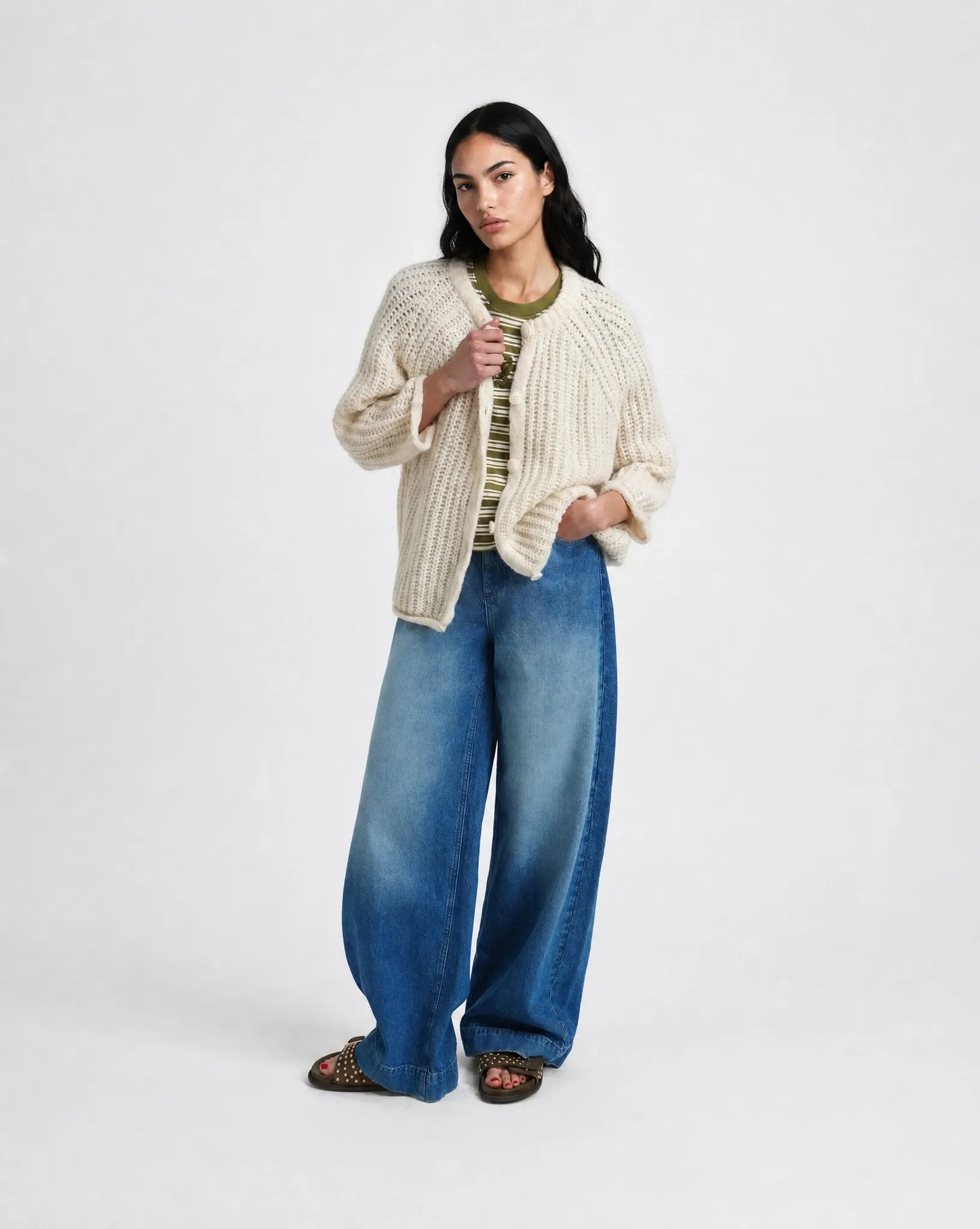 Hairy Round Neck 3/4 Slv Cardigan