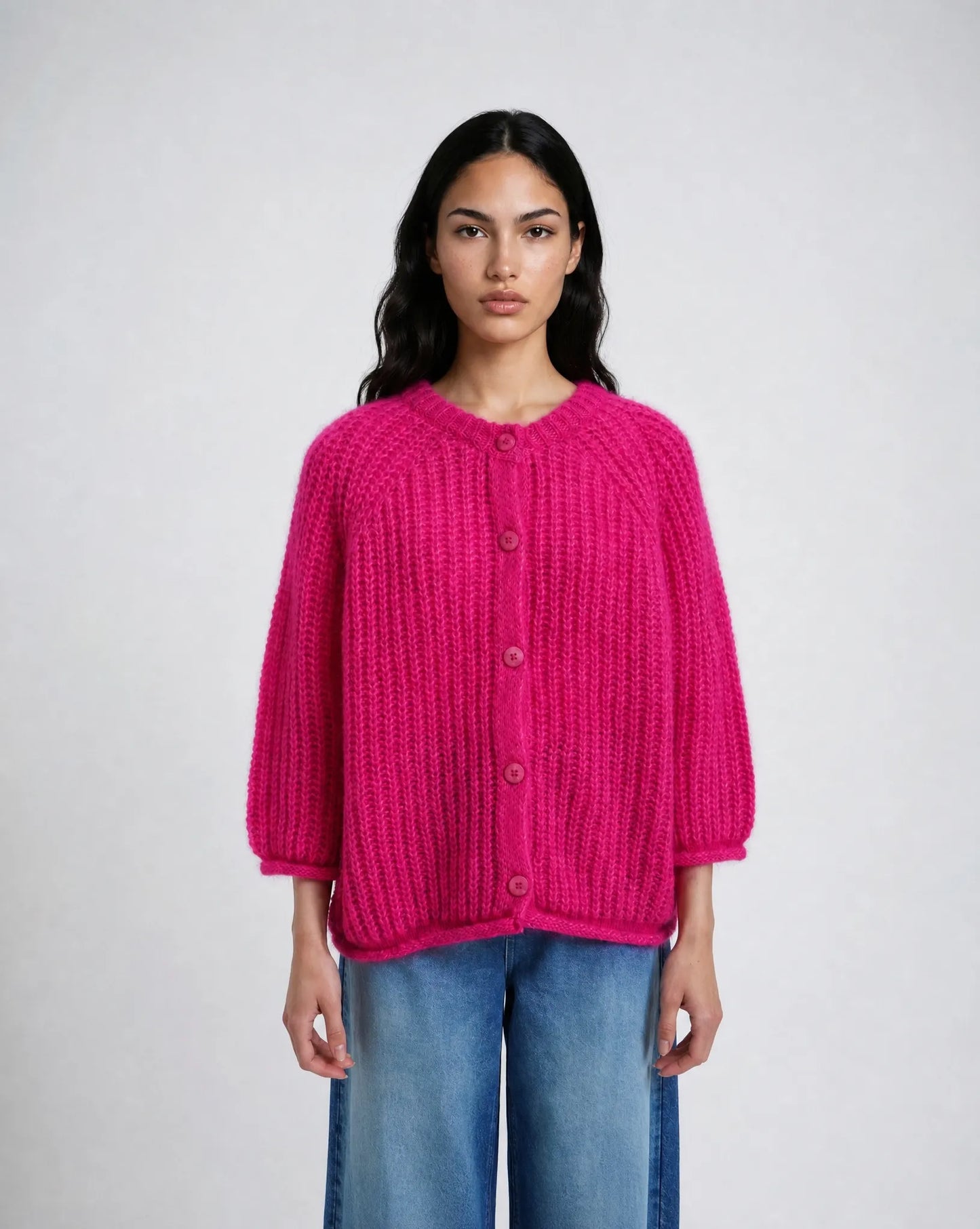 Hairy Round Neck 3/4 Slv Cardigan
