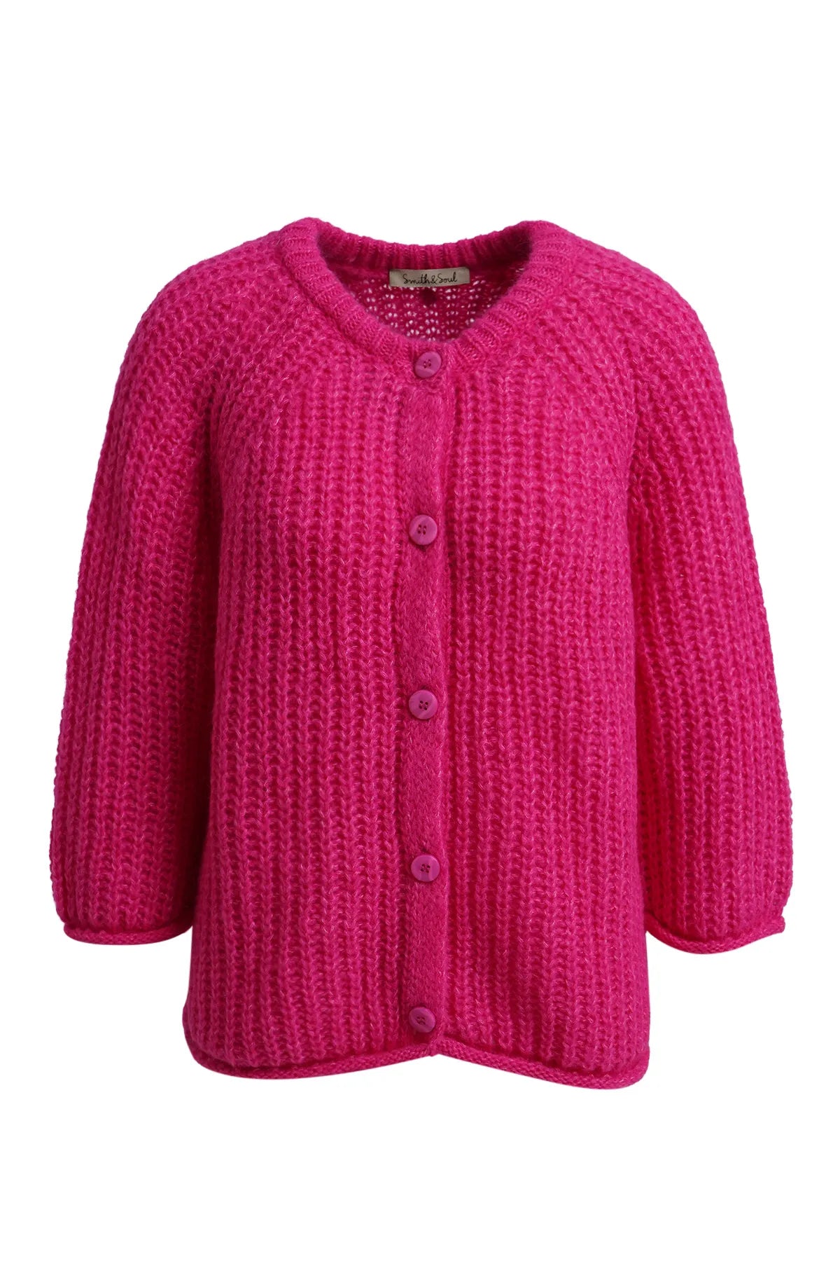 Hairy Round Neck 3/4 Slv Cardigan